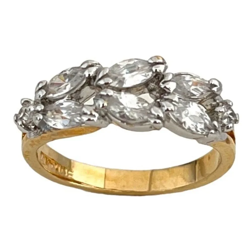 Vintage 1970s Ring Size 7 CZ Marquise Cluster Gold Plated Band - 14Q